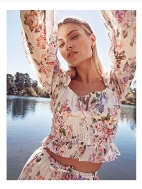 Ever New White Floral Puff Sleeve Smocked Bodice Blouse - Size 4/small